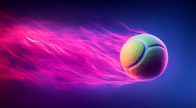 Dynamic tennis ball with swirling pink and purple light trails on a dark background, representing speed and energetic movement.