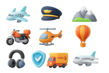 Naklejka premium 3d transport and travel icons featuring vehicles, mountains, and travel gear