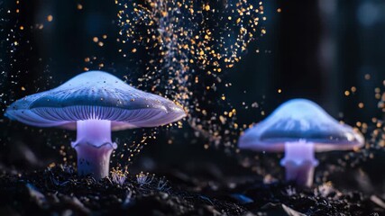 Glowing bioluminescent mushrooms emitting luminous particles in dark forest - Powered by Adobe
