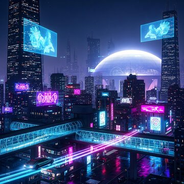 Digital art of a futuristic neon city with skyscrapers and cyberpunk vibes.