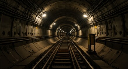 Obraz premium Underground Railway Tunnel with Steel Tracks, Overhead Lamps, and Dim Perspective Vanishing Point