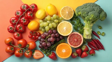 Naklejka premium Colorful fruits and vegetables display for mock up design