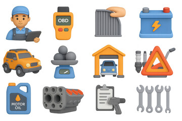 Colorful automotive repair icons set with 3d cartoon style for mechanics