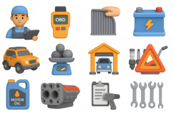 Colorful automotive repair icons set with 3d cartoon style for mechanics