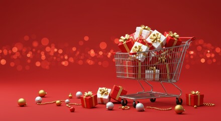 Shopping cart filled with presents and ornaments against a red festive backdrop for holiday sales and new year promotions