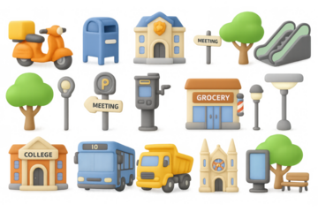 Charming city icons: 3d cartoon style transportation and buildings set