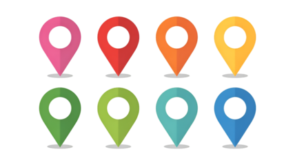 Eight Colorful Location Pin Icons on Black Background