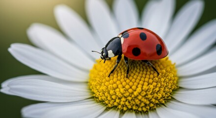 Ladybug on Daisy Flower Closeup Macro Shot