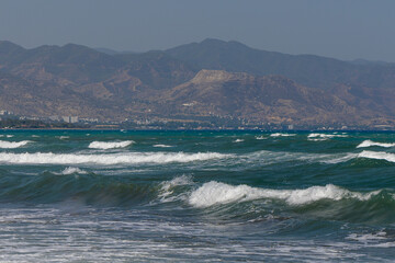 Waves of Mediterranean Sea and Mountains in Cyprus