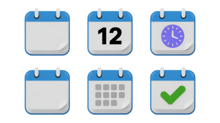Six 3D calendar icons showing different functionalities