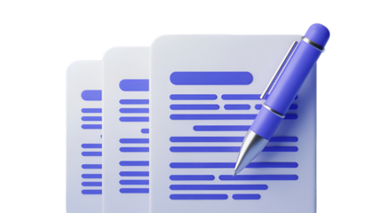 Stack of Documents with Silver and Purple Pen on Transparent Background