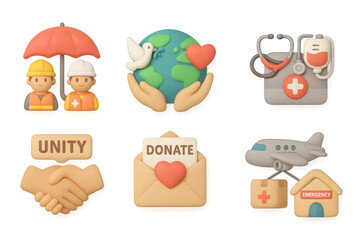 Fototapeta premium Humanitarian aid and global peace symbols in 3d cartoon style