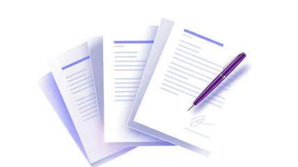 Stack of Papers with Purple Pen and Signature on Transparent Background
