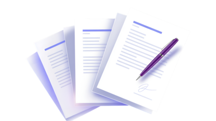 Stack of Papers with Purple Pen and Signature on Transparent Background