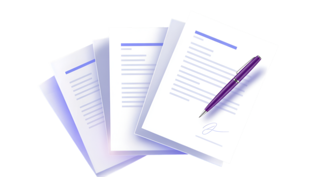 Stack of Papers with Purple Pen and Signature on Transparent Background