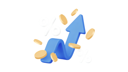 Blue Growth Arrow with Gold Coins and Percentage Symbols