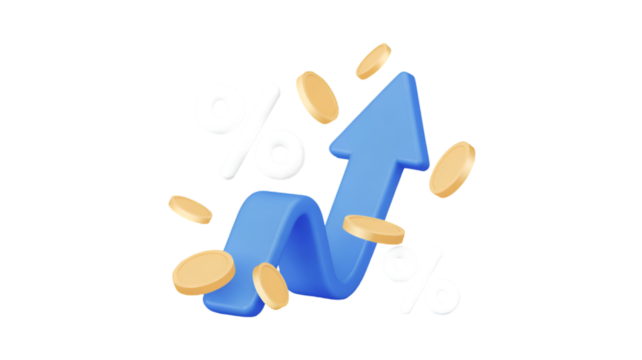 Blue Growth Arrow with Gold Coins and Percentage Symbols