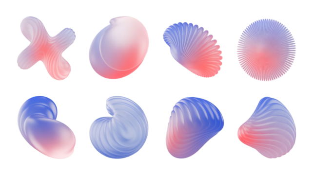 Eight 3D Abstract Forms with Pink and Blue Gradient