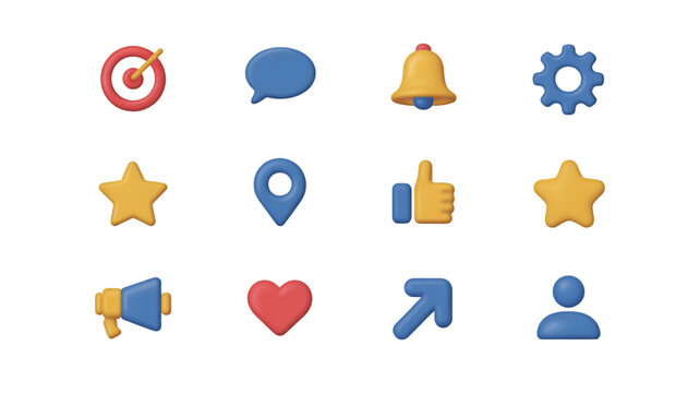 Set of 3D social media and interface icons technology