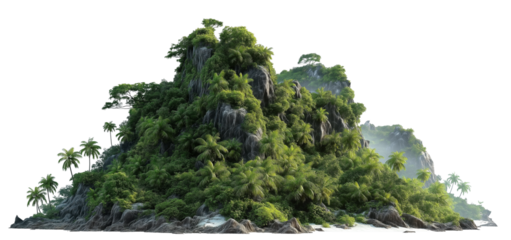 A highly detailed, photorealistic rendering of an island covered in dense jungle foliage, isolated on a white background.