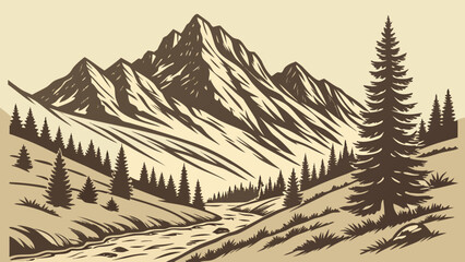 Fototapeta premium Illustration of mountain range with river and pine trees in a vintage style landscape view