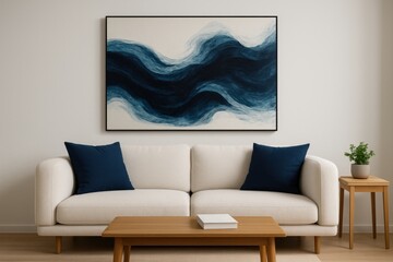 White minimalist lounge with navy cushions, abstract blue-black wave art above, wood coffee table and small plant, serene soft-lit contemporary setup