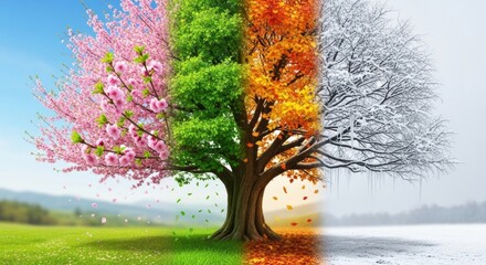 Stunning tree showcasing four seasons: spring blossoms, summer green, autumn leaves, winter snow