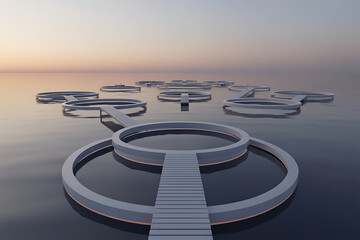 Discover serene floating circular platforms connected by walkways across calm waters at sunset, an architectural marvel.