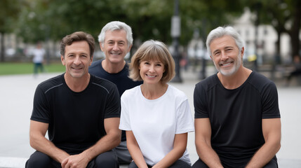 Obraz premium A group of happy senior men and women relaxing after a workout in a park, senior fitness, group exercise, healthy aging, outdoor wellness, social activity