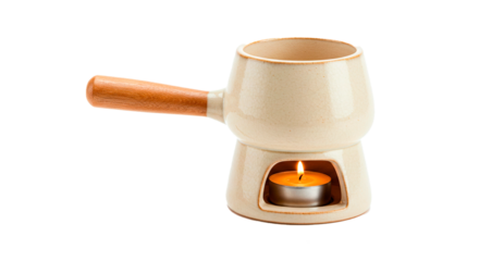 Ceramic fondue pot set with wooden handle and tealight candle for cheese chocolate dessert fondue party on transparent background