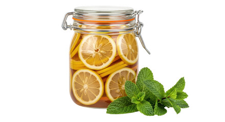 Isolated Jar of Lemon Slices with Mint