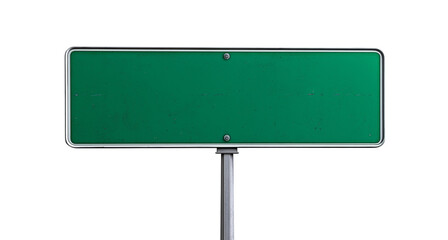 Green road sign on a pole, isolated against a white background. Detailed photograph, PNG file.