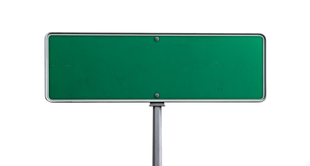 Green road sign on a pole, isolated against a white background. Detailed photograph, PNG file.