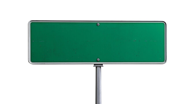Green road sign on a pole, isolated against a white background. Detailed photograph, PNG file.