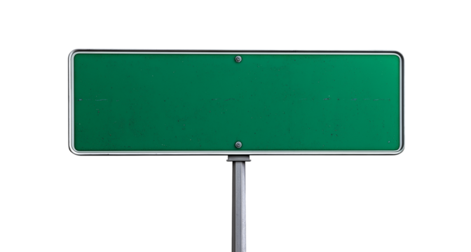 Green road sign on a pole, isolated against a white background. Detailed photograph, PNG file.