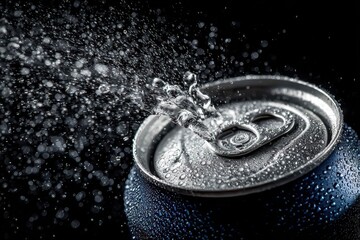 A blue can with condensation open and liquid splashing out on black background. Great for illustrating cold drinks, refreshment, or beverage advertising.