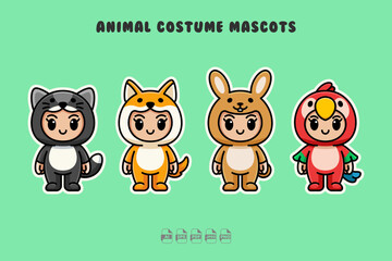 Cute Kids in Cat, Dog, Rabbit, and Parrot Animal Costume Mascots