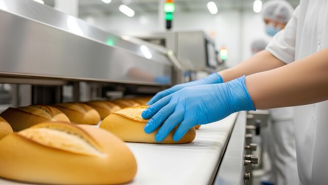 Bakery worker handling fresh bread on a conveyor belt in food factory