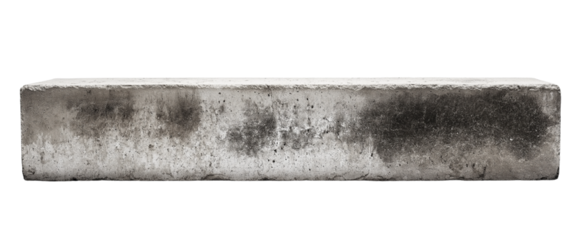 White background, long rectangular concrete block with gray stains on it, isolated, high resolution photography, 