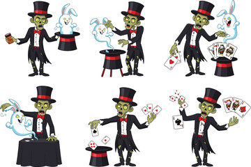 Zombie magician performing magic tricks, character mascot, spooky zombie, Halloween theme, sorcerer, magical performance, funny cartoon character, card tricks, isolated on white background.