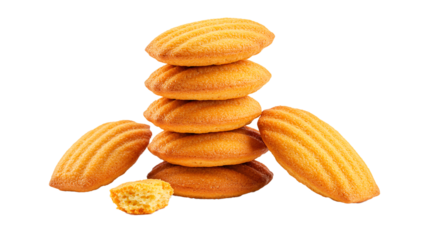 Delicious madeleine cookies stack, shell shaped french pastry, sweet dessert food photography studio shot on transparent background