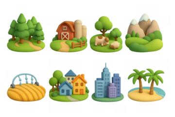 3d cartoon style miniature landscapes: farm, forest, city, beach, and more