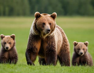 Naklejka premium Brown bear, ursus arctos, mother with two cubs on green meadow with copy space. Wide panoramic banner of wild mammal with her lovely offsprings. Animal wildlife, brown bear with his kids in the forest