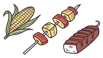 Illustration featuring corn on the cob, a shish kebab, and a loaf of bread in a cartoon style
