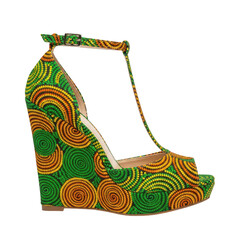 Vibrant african print wedge sandal with ankle strap and peep toe isolated on transparent background