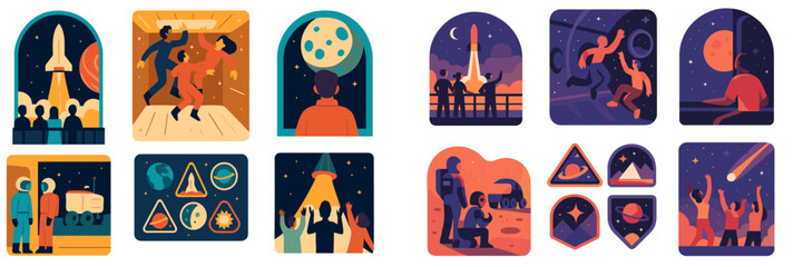 Creative vector illustrations featuring space exploration activities