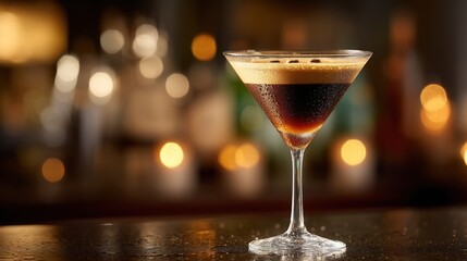 A delicious espresso martini is elegantly presented in a cocktail glass at a warm, inviting bar. The drink's rich colors and frothy top add to the vibrant atmosphere of the evening