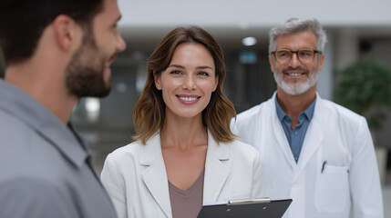 Fototapeta premium A multiethnic healthcare team discussing with a pharmaceutical representative, healthcare collaboration, medical meeting, professional partnership, hospital business, team discussion