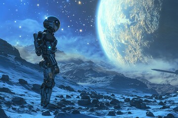 Fototapeta premium far future robotic explorer scanning alien artifacts on distant world