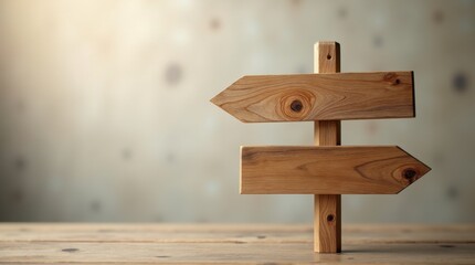 Wide minimalist scene featuring a wooden signpost with two empty planks, soft lighting and smooth gradient background emphasize texture and calm focus.